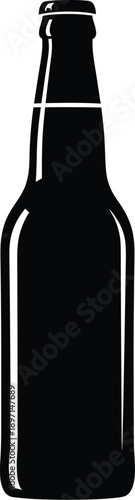 Black-and-white glass beverage bottle silhouette with narrow neck, capped top, wider body, white highlight reflection, minimalist packaging design illustration