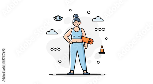 Modern woman practicing yoga outdoors with a yoga mat in serene environment suitable for relaxation and meditation activities in