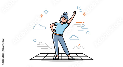 Cheerful elderly woman joyfully dancing on a patterned floor with playful cloud and star accents