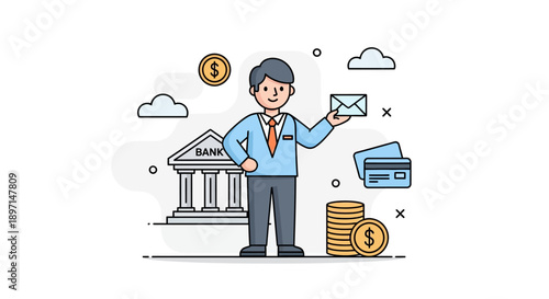 Modern digital banking concept illustrating a businessman managing finances with email communication and online transactions in