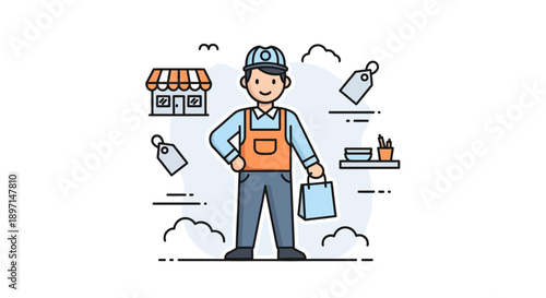 Charming illustration of a delivery person standing confidently in front of a small shop, showcasing service readiness and