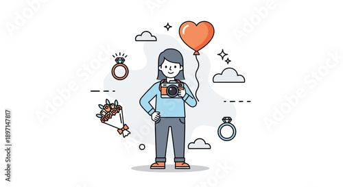 Cheerful young woman capturing moments with camera surrounded by love and jewelry symbols in playful minimalistic style