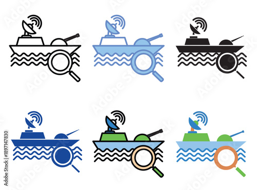 Analysis battleship icon set multiple style collection. editable colour and stroke

