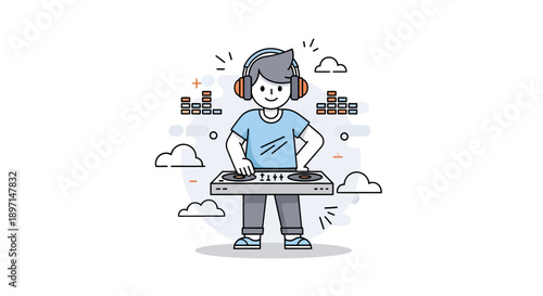 Young boy DJ using turntable with headphones creating energetic music scene playful illustration