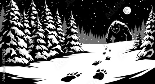 A large, hairy creature resembling Bigfoot or Yeti stands in a snow-covered forest under a full moon, with giant footprints leading through the snow.