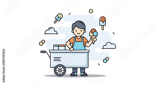 illustration of a cheerful ice cream vendor with a cart selling sweet treats and colorful confections