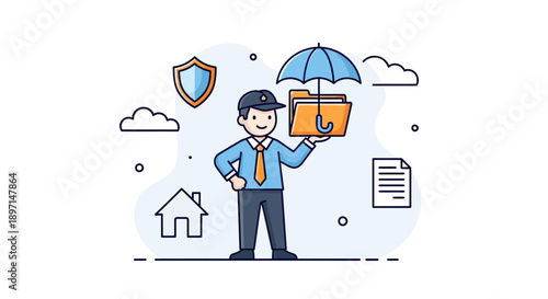 Digital insurance representation featuring a professional with an umbrella and safety symbols illustrating coverage and