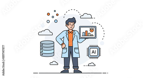 Data Scientist Analyzing Health and AI Information in a Digital Environment Illustrating Data Visualization and Machine Learning
