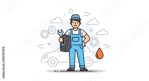 Friendly male mechanic in blue overalls holding wrench and oil drop icon standing with car outline in background