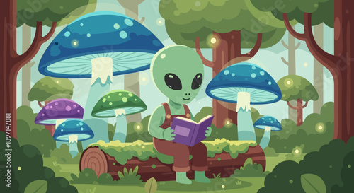 Cute Alien Character Reading Book in Enchanted Forest.
