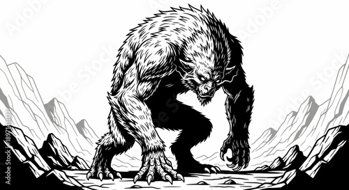 Monstrous hairy creature with sharp claws and fangs in a desolate rocky landscape, black and white illustration.