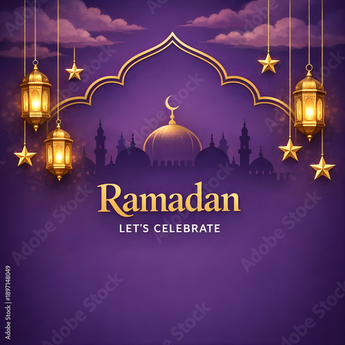 Wallpaper Mural Ramadan Let's Celebrate Card with Golden Mosque and Hanging Lanterns – Purple Background and Ornate Arch Design Torontodigital.ca