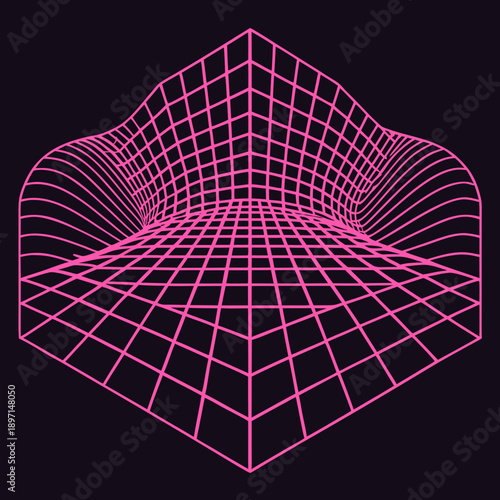 Distorted grid shapes isolated. Retrofuturistic warped mesh grid. Curved mesh abstract elements. Retro punk design element. Vector curve surface background.