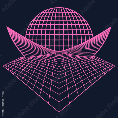 Distorted grid shapes isolated. Retrofuturistic warped mesh grid. Curved mesh abstract elements. Retro punk design element. Vector curve surface background.