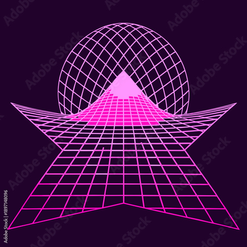 Distorted grid shapes isolated. Retrofuturistic warped mesh grid. Curved mesh abstract elements. Retro punk design element. Vector curve surface background.