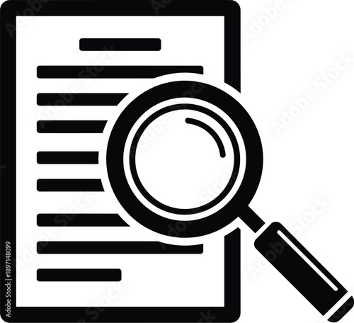 Black-and-white magnifying glass icon over document with text lines, symbolizing search, research, inspection, analysis, review, and information scrutiny illustration