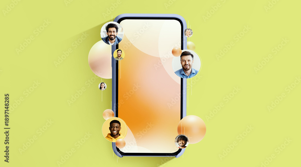 © Prostock-studio - A smartphone is at the center of the collage with diverse faces appearing around it. The faces represent people engaged in online communication and connection.