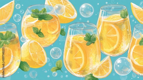Refreshing Citrus Beverage with Lemon, Mint and Bubbles Ideal for Summer Vibes and Refreshment Illustrating a Bright Blue Background
