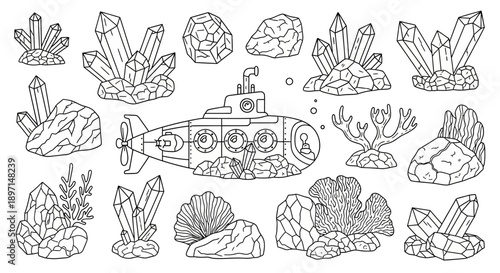 Outline drawing of a cartoon submarine exploring an underwater world filled with various crystal formations, rocks, and coral, perfect for coloring.