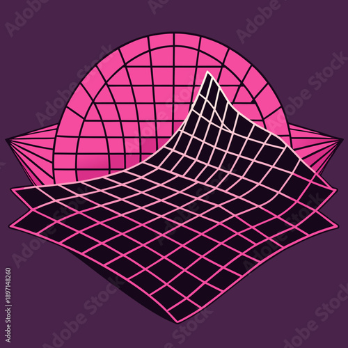 Distorted grid shapes isolated. Retrofuturistic warped mesh grid. Curved mesh abstract elements. Retro punk design element. Vector curve surface background.