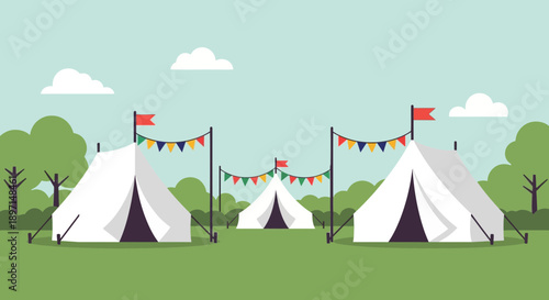 Morning Campfire Scene with White Tents, Red Flags, Colorful Bunting, Green Grass, Trees, Blue Sky, Serene Campsite View