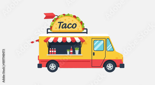 Front View Photo of Yellow Food Truck with Red Awning, Window, Banner, Serving Taco
