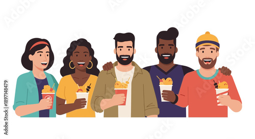 Five Diverse Group Individuals Smiling with Drinks Show Friendship and Camaraderie