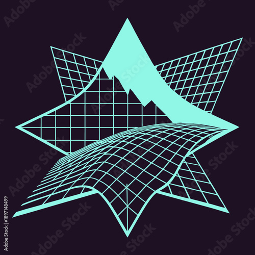 Distorted grid shapes isolated. Retrofuturistic warped mesh grid. Curved mesh abstract elements. Retro punk design element. Vector curve surface background.