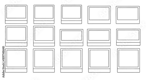 Collection of blank instant photo frames in various orientations, including portrait and landscape layouts.