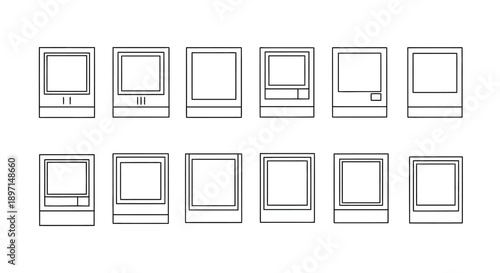 Collection of twelve minimalist line art icons depicting vintage computer monitors or all-in-one desktop computers.