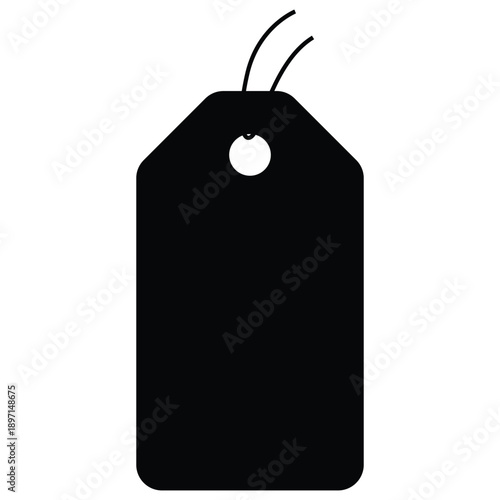 A black tag icon with a hole and string on a white background