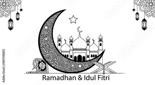 Black and white illustration of a mosque within a crescent moon, adorned with lanterns, a star, and religious items, celebrating Ramadhan and Eid al-Fitr.