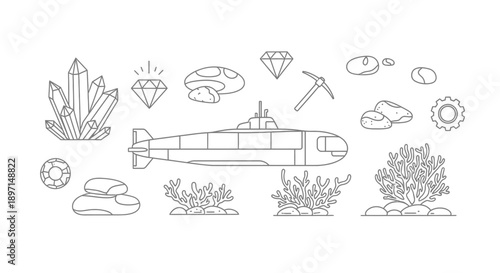 Line art illustration of a submarine, various crystals, gems, rocks, and underwater plants, depicting deep-sea exploration and treasure hunting.