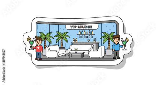 Two People Hold Drinks Amid Palm Trees, Couch, and Light Blue Walls