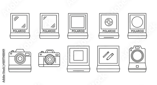 Collection of minimalist line art icons depicting various instant cameras and photo frames, showcasing retro photography devices.