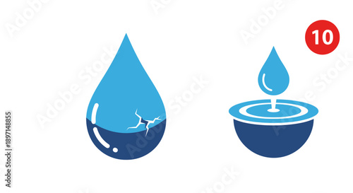 Two stylized blue water drop icons, one cracked and one falling into a bowl, representing water issues.
