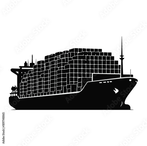 Black and White Cargo Ship Silhouette with Containers