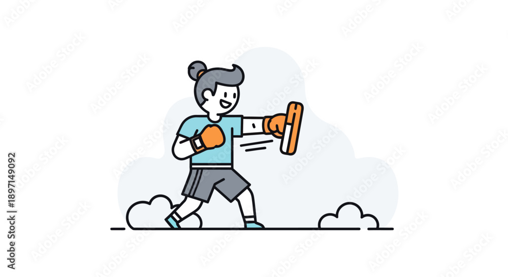 Naklejka premium Cartoon Illustration of a Young Girl Boxing Outdoors with a Focus on Strength and Determination in a Playful Scene