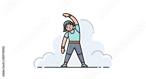 Minimalist line art of a young woman practicing yoga outdoors in a tranquil environment with clouds and sky during daytime
