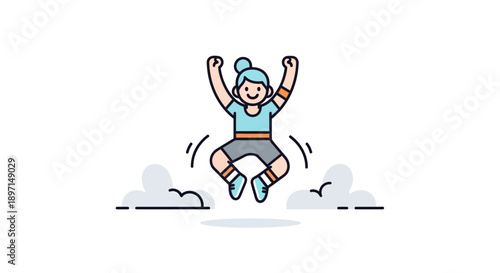 Joyful cartoon character jumping with arms raised in excitement and happiness in a playful scene with clouds and birds in the