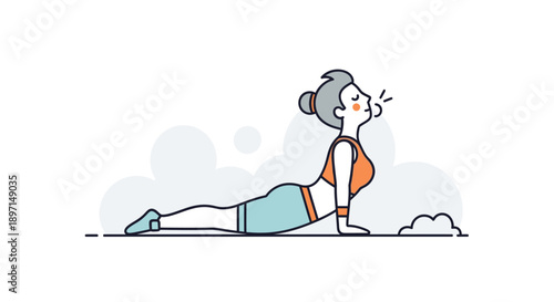 Illustration of a woman performing a yoga pose with a relaxed expression in a minimalistic style suitable for health and fitness