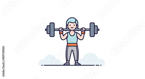 Elderly woman lifting weights outdoors emphasizing strength and vitality in later years with cartoon style minimal design with