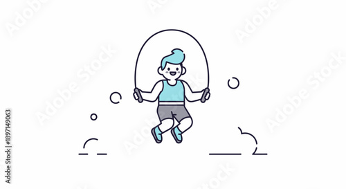 Playful cartoon boy swinging on a simple outdoor swing enjoying leisure time with a cheerful expression