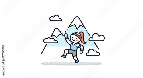 Young Girl Enjoying Mountain Climbing Adventure Amid Snow-Capped Peaks and Fluffy Clouds