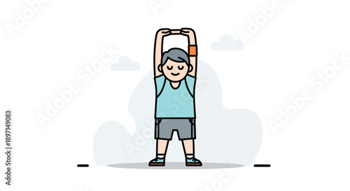 Young boy stretching outdoors in a casual summer outfit with a joyful expression on his face