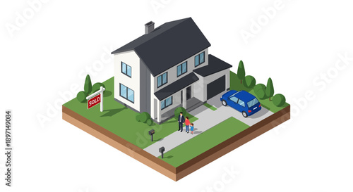 Three people inspect a two-story house on a green lawn with a red For Sale sign, garage and blue car in a bright isometric view