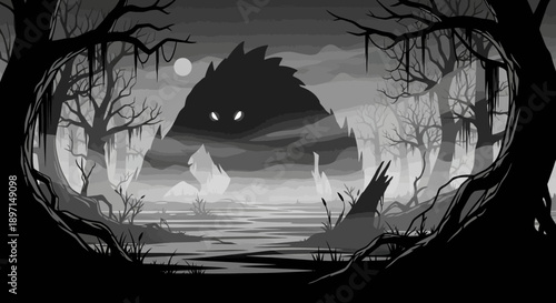 A monstrous shadowy creature with glowing eyes emerges from a misty, dark swamp framed by gnarled trees under a full moon.