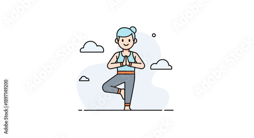 Illustration of a woman practicing yoga outdoors during daytime with clouds in the background