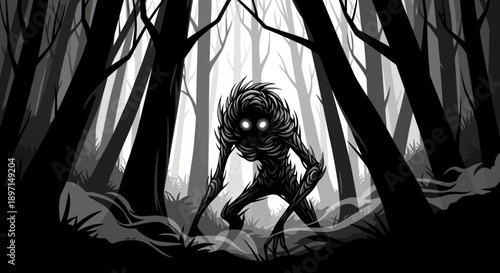 A terrifying shadowy creature with glowing eyes emerges from a dark, eerie forest, creating a sense of horror and mystery.