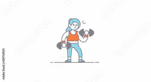 Illustration of a young woman performing a strength workout with dumbbells in a minimalistic style emphasizing fitness and
